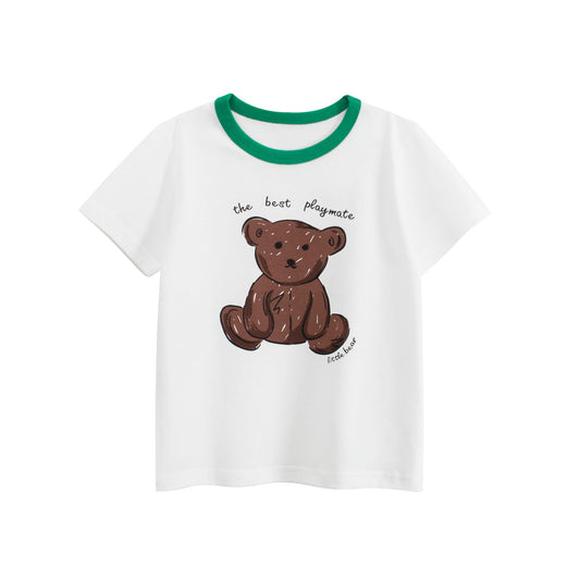 Summer Kids’ Teddy Bear Cartoon and Letters Print T-shirt in European and American Style-0