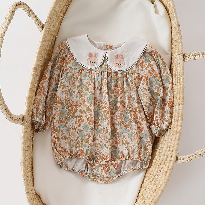 Autumn Hot Selling Baby Girls Flowers and Rabbits Pattern Onesies-3