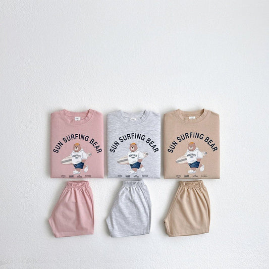 Summer Baby Kids Unisex Casual Letters and Teddy Bear Pattern Short Sleeves Top Shirt and Shorts Clothing Set-0