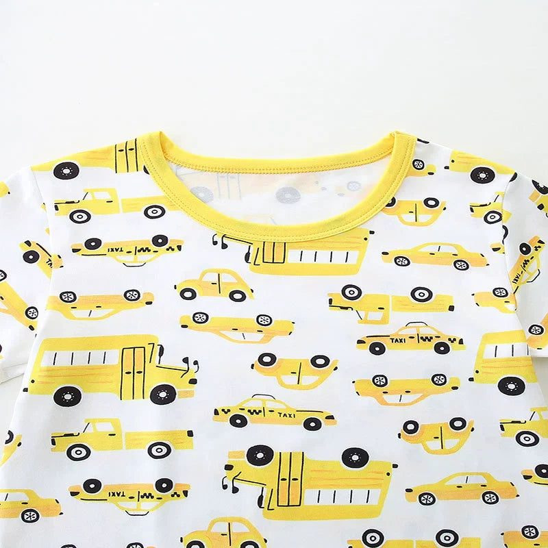 Summer Baby Kids Cartoon School Bus and Taxi Pattern T-shirt and Shorts Clothing Set for Boys-3
