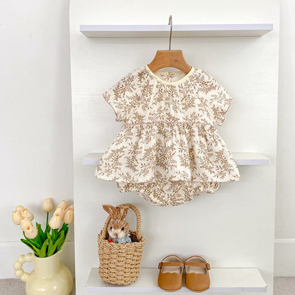 Summer Arrival Thin Floral Pattern Short Sleeves Crew Neck Onesies for Stylish Girls
