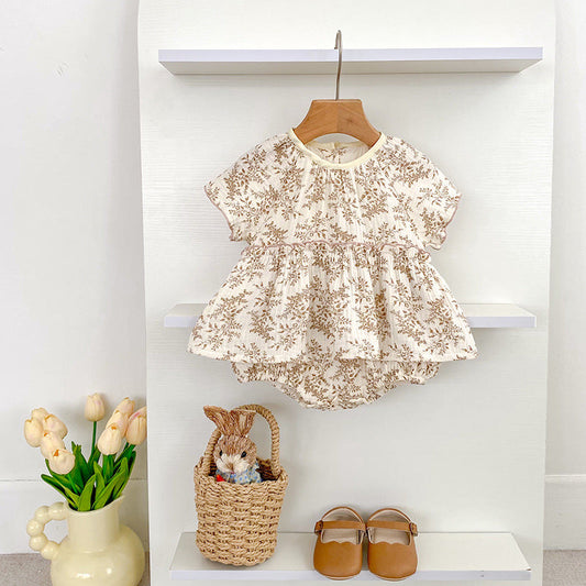Summer Arrival Thin Floral Pattern Short Sleeves Crew Neck Onesies for Stylish Girls