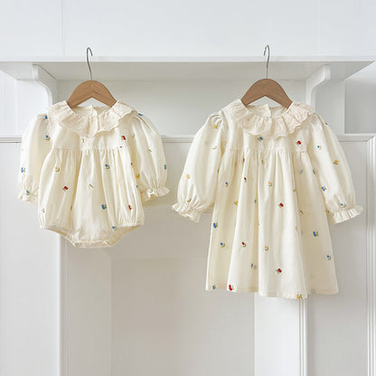 Spring Baby Girls Floral and Fruits Embroidery Pattern Long-sleeved Onesies and Dress – Princess Sister Matching Set-3