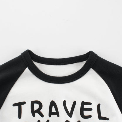 Autumn Baby Kids Boys Letters and Cartoon Print Long Sleeves Crew Neck Color Patchwork Top Shirt-3