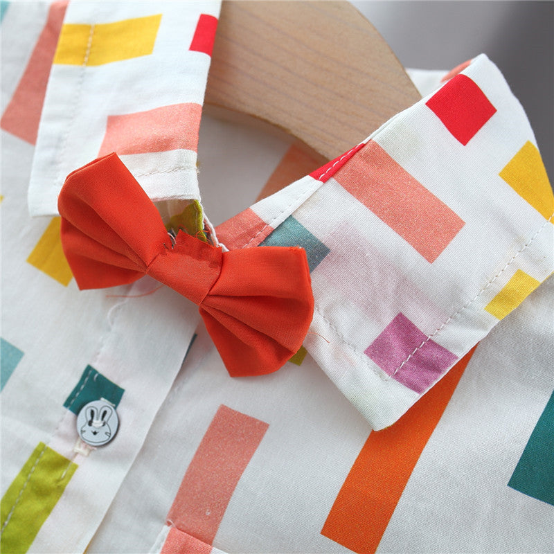 Summer Baby Kids Boys Colorful Striped Pattern Turn-Down Collar Short Sleeves Shirt And Orange Shorts English Clothing Set-4