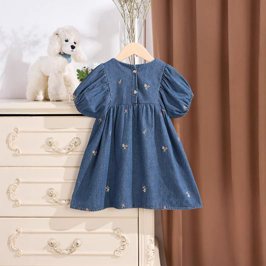 Summer Baby Kids Girls Denim Short Sleeves Flowers Pattern Embroidered Dress-1