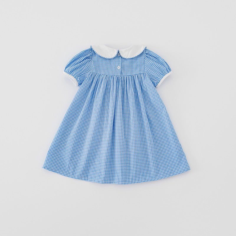 Summer Baby Kids Girls Short Sleeves Rabbit Embroidery Plaid Dress-3