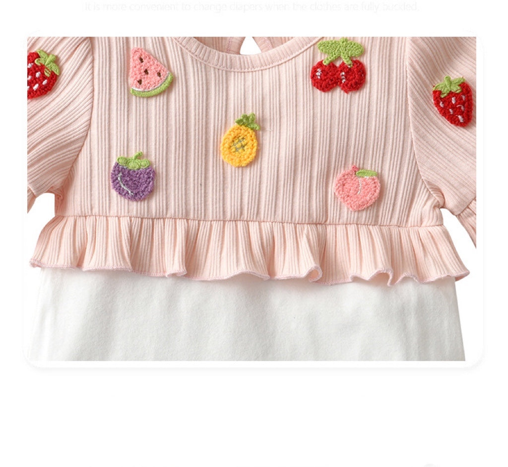 Baby Girls Fruit Embroidered Graphic Lace Sleeve Onesies & Headband-3