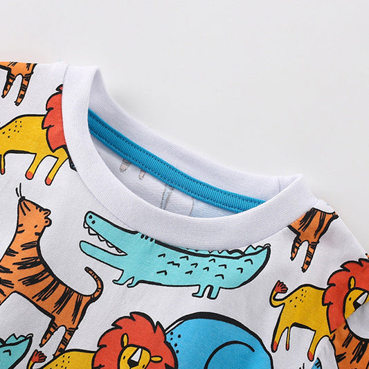 Summer Baby Kids Cartoon Lions and Elephants Pattern T-shirt and Shorts Clothing Set for Boys-1