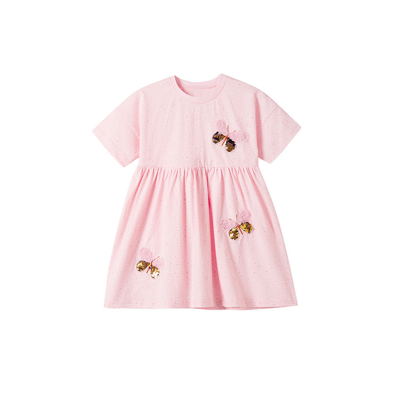 Summer Arrival Sequin Butterfly Pattern Short Sleeves Pink Dress for Stylish Girls-3