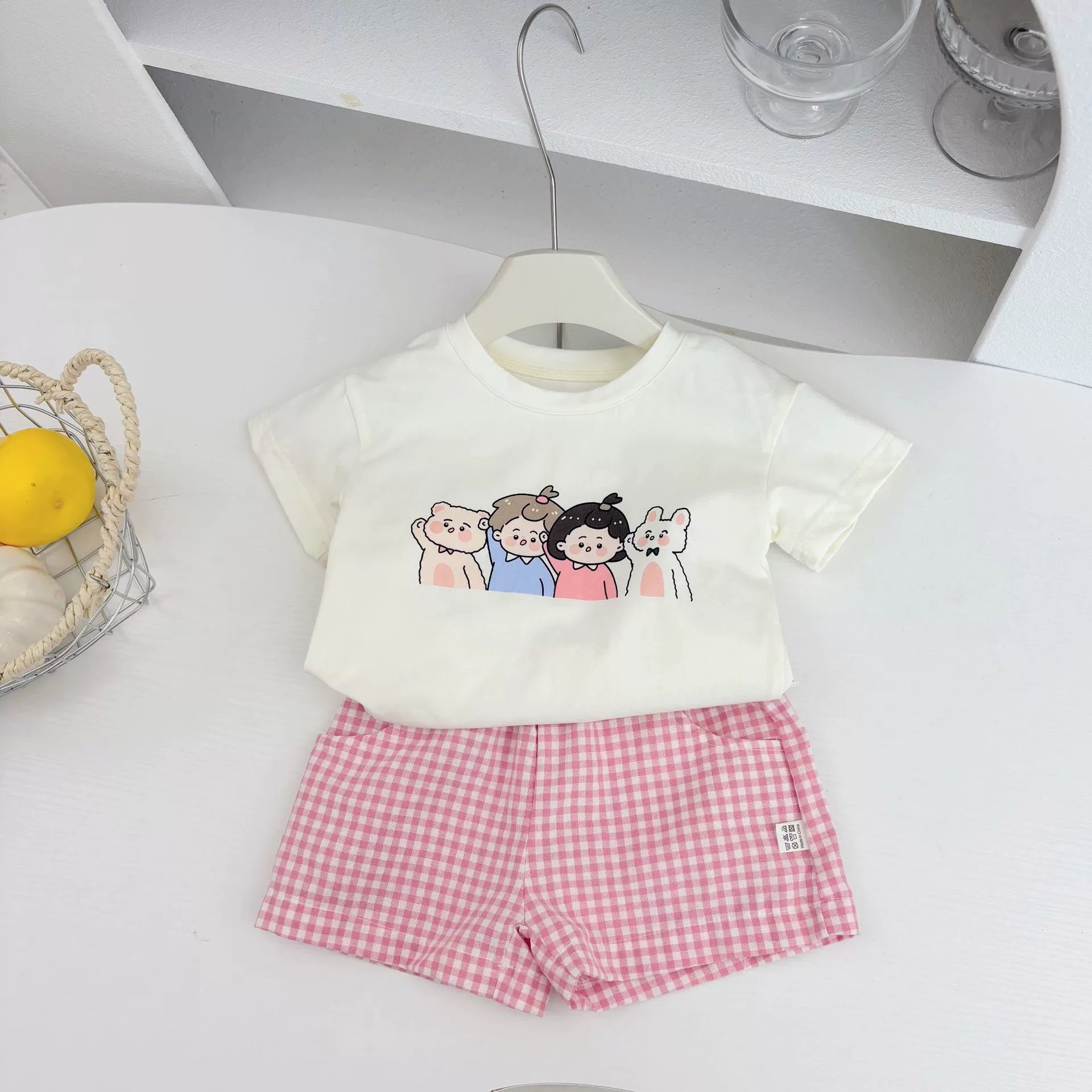 Summer Hot Selling Baby Kids Unisex Short Sleeves Cartoon Printed T-shirt and Plaid Shorts Clothing Set-5