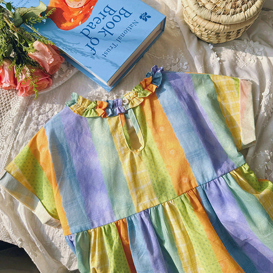 Summer Arrival Baby Kids Girls Short Sleeves Geometric Striped Pattern Dress-1