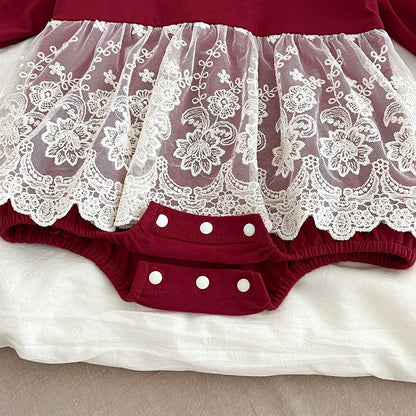 Autumn Arrival Baby Girls Long Sleeves Hollow-out Collar Tulle Patchwork Onesies-2