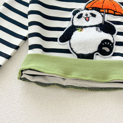 Casual and Versatile Two-Piece Set: Round Neck Striped Top and Green Pants for Baby and Toddlers-3