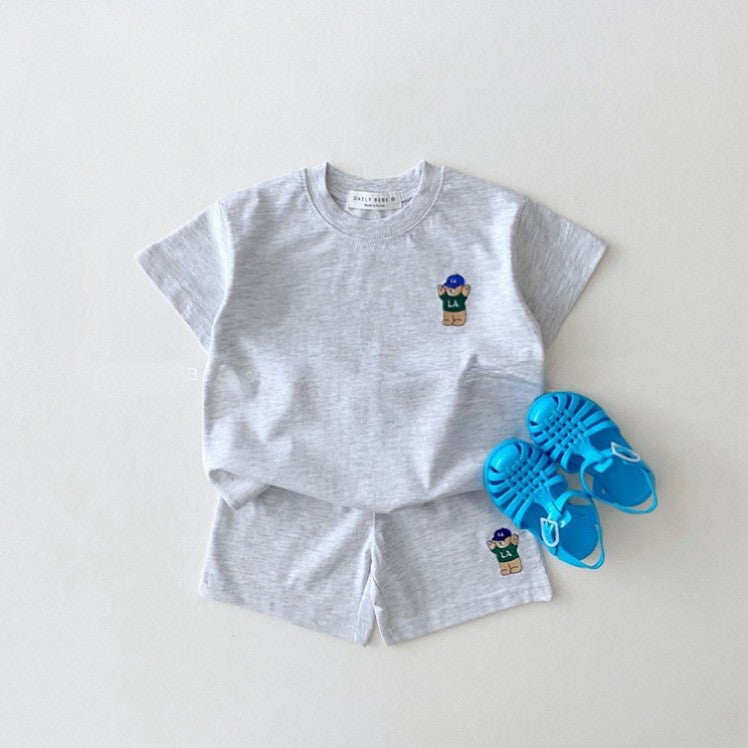 Summer Baby Kids Teddy Bear Pattern T-shirt and Shorts Clothing Set-5