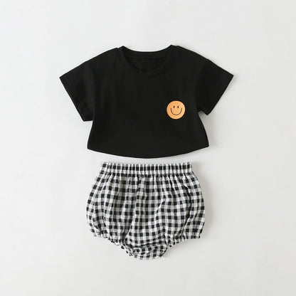 Summer Baby Kids Smiling Face Pattern T-shirt and Plaid Bloomers Clothing Set-5