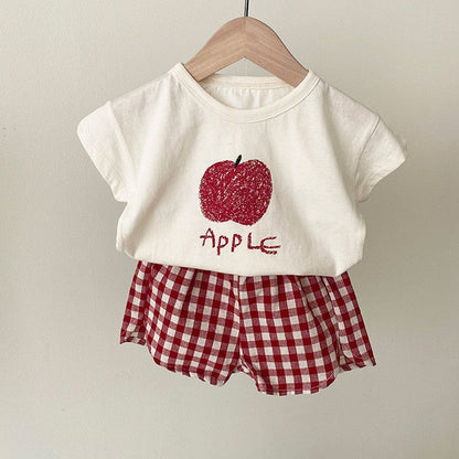 Summer Baby Kids Fruits Pattern Short Sleeves T-shirt and Plaid Shorts Clothing Set-3