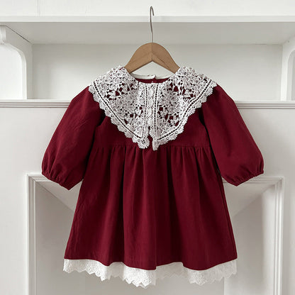 Arrival Autumn Baby Kids Girls Long Sleeves Vintage Hollow-out Lace Collar Dress-2