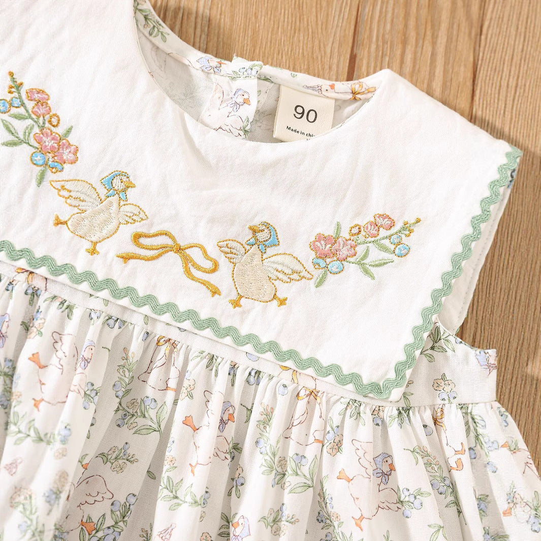 Summer Baby Kids Girls Sleeveless Floral Dress with Embroidery Collar-2