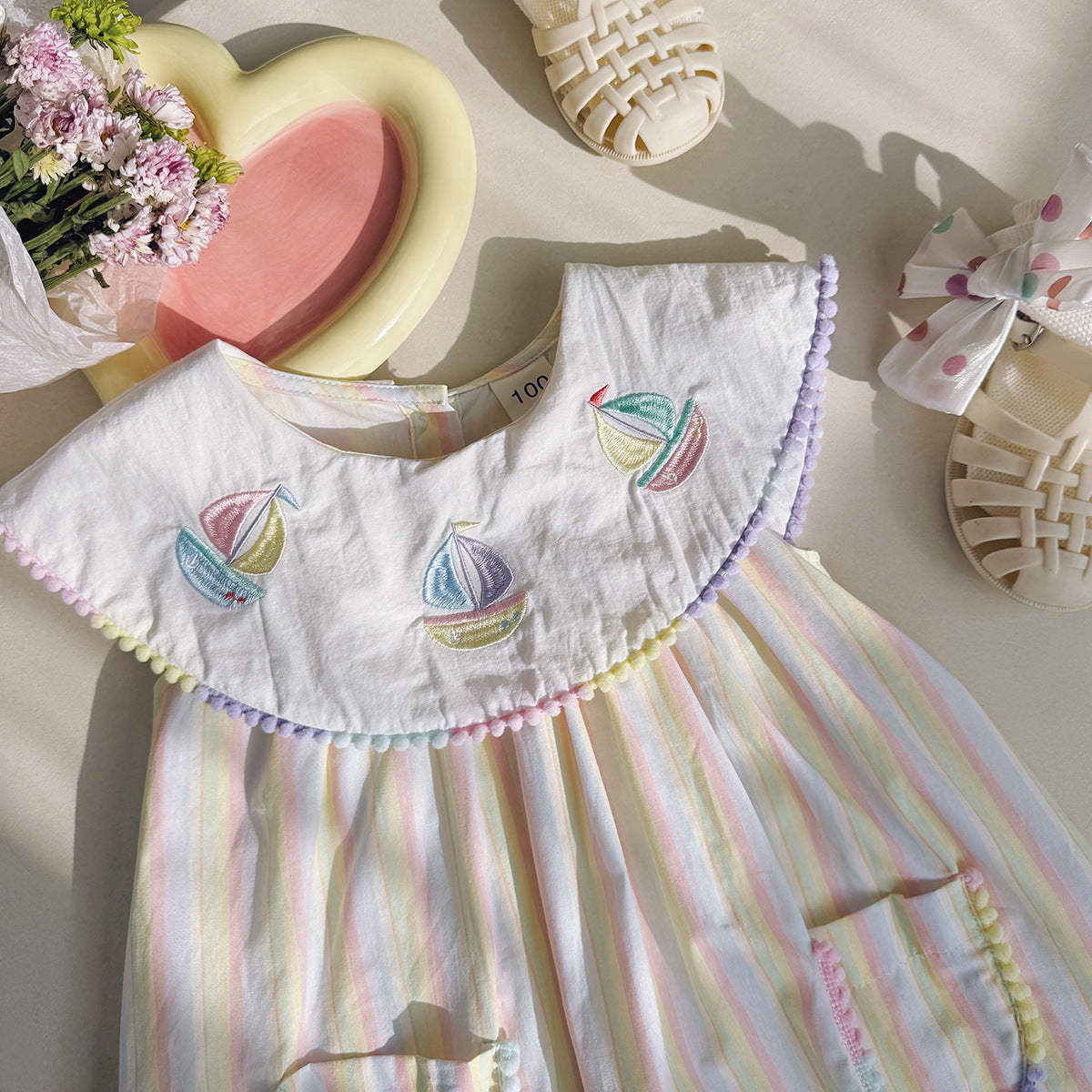 Summer Arrival Baby Kids Girls Sleeveless Boats Pattern Embroidered Striped Dress-2
