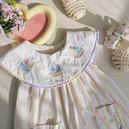Summer Arrival Baby Kids Girls Sleeveless Boats Pattern Embroidered Striped Dress-2
