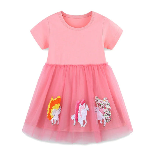 Summer Arrival Cotton Animals Pattern Tulle Patchwork Short Sleeves Dress for Stylish Girls-0