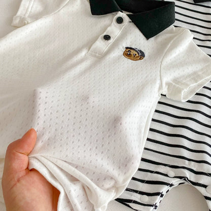 Summer Arrival Baby Boys Teddy Bear Pattern Short Sleeves Rompers with Turn-down Collar-4