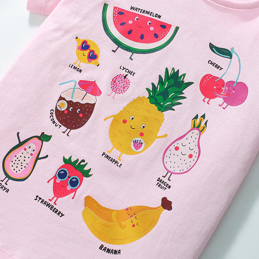 Kids’ Fruits Cartoon Pattern Short Sleeves T-shirt in European and American Style for Summer-1