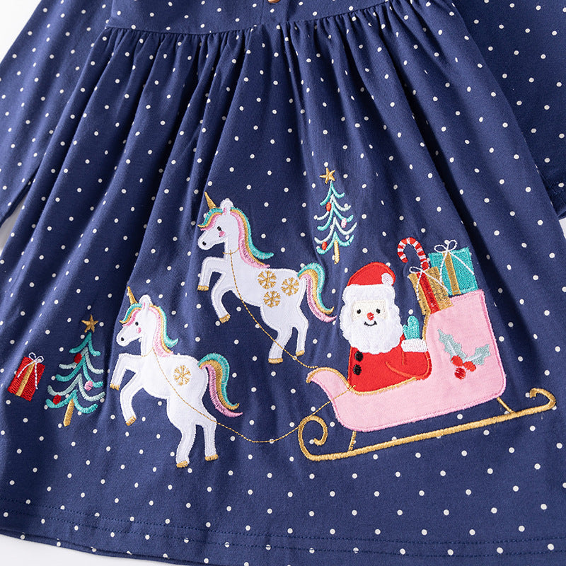 Autumn and Spring Arrival Christmas Cartoon and Dots Pattern Long Sleeves Crew Neck Dress for Stylish Girls-3