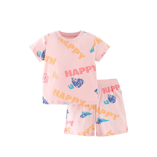 Summer Baby Kids Letters and Geometric Pattern T-shirt and Shorts Clothing Set for Girls-0