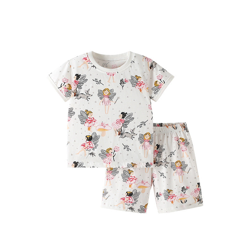 Summer Baby Kids Fairy Cartoon Pattern T-shirt and Shorts Clothing Set for Girls-0