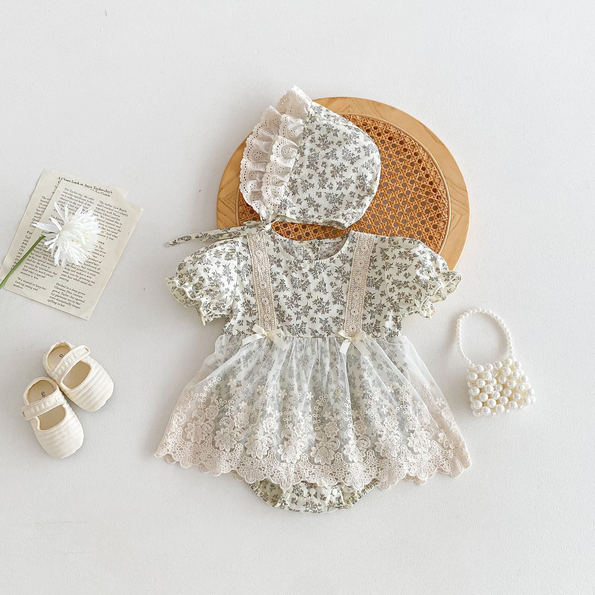 Summer Baby Girls Vintage Floral Short Sleeves Lace Mesh Princess Onesie Dress-4