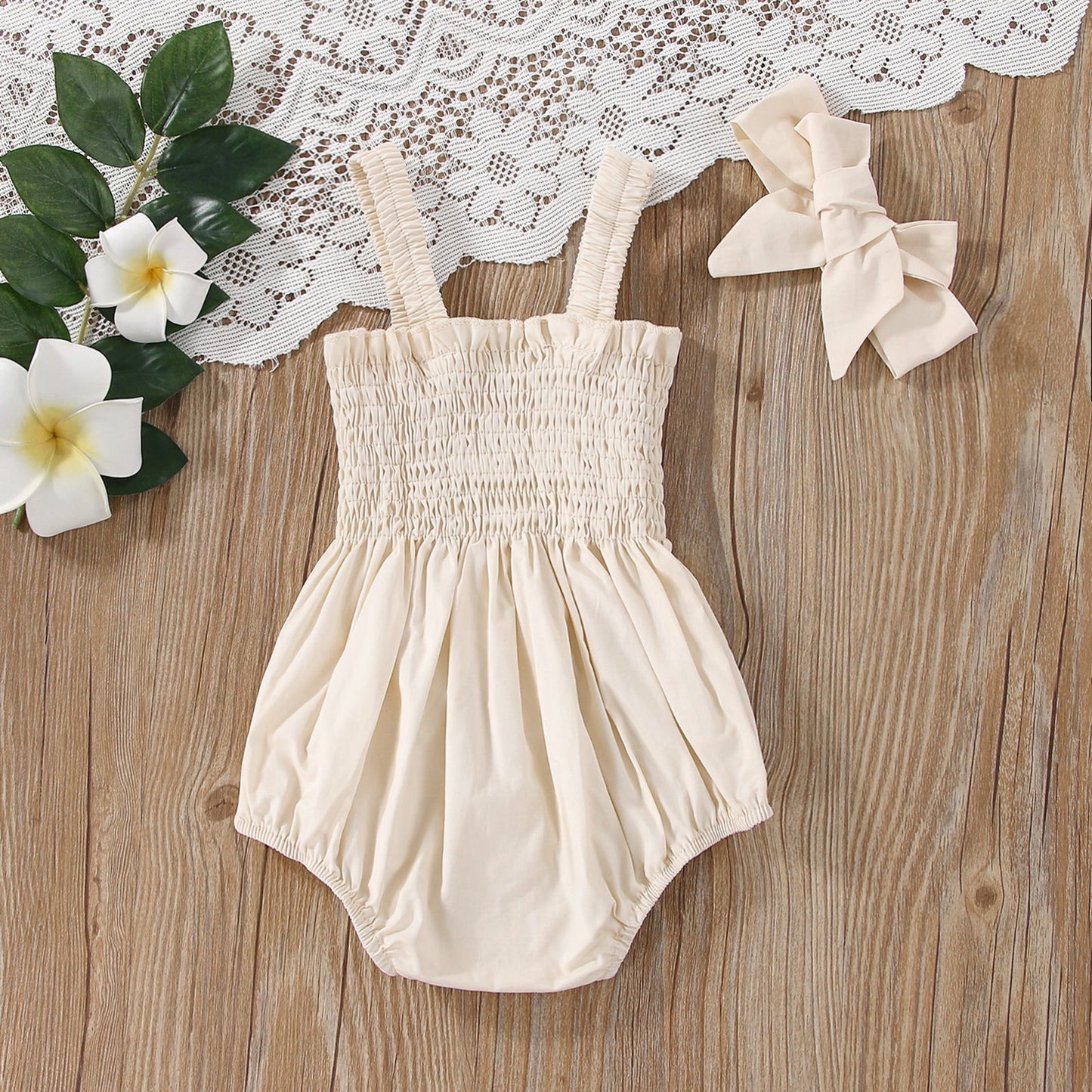 Baby Girls Solid Color Sleeveless Summer Shirred Bodysuit Onesies & Headband-4