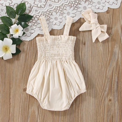Baby Girls Solid Color Sleeveless Summer Shirred Bodysuit Onesies & Headband-4