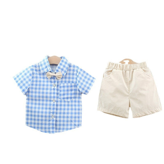 Summer Baby Kids Boys Blue Plaid Pattern Turn-Down Collar Short Sleeves Shirt And Solid Color Shorts English Clothing Set-1