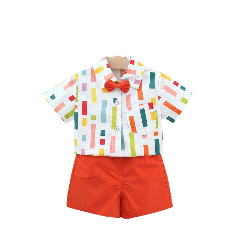 Summer Baby Kids Boys Colorful Striped Pattern Turn-Down Collar Short Sleeves Shirt And Orange Shorts English Clothing Set-1