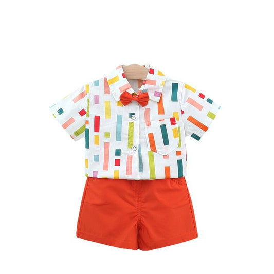 Summer Baby Kids Boys Colorful Striped Pattern Turn-Down Collar Short Sleeves Shirt And Orange Shorts English Clothing Set-1