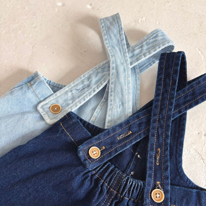 Summer Arrival Baby Kids Unisex Sleeveless Solid Color Denim Strap Overalls and White T-Shirt Clothing Set-4