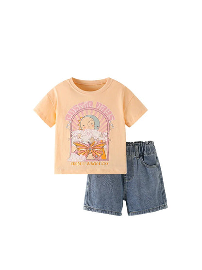 Summer Baby Kids Cartoon Pattern T-shirt and Denim Shorts Clothing Set for Girls-4