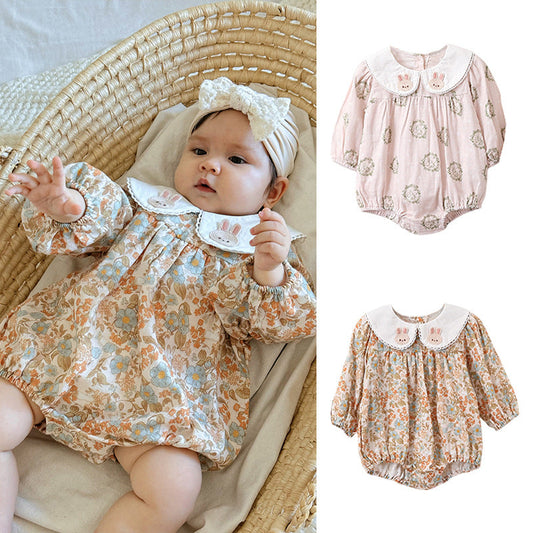 Autumn Hot Selling Baby Girls Flowers and Rabbits Pattern Onesies-0