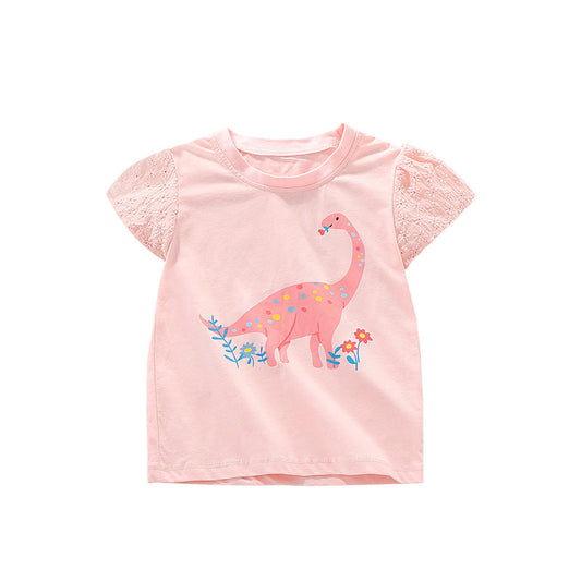 Girls’ Cartoon Pink Dinosaur Print Short Sleeves T-Shirt In European And American Style For Summer-1