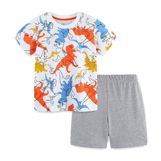 Summer Baby Kids Colorful Dinosaurs Pattern T-shirt and Shorts Clothing Set for Boys-0