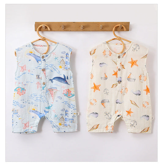 Summer Arrival Baby Unisex Sleeveless Cute Ocean Animals Pattern Onesies-0