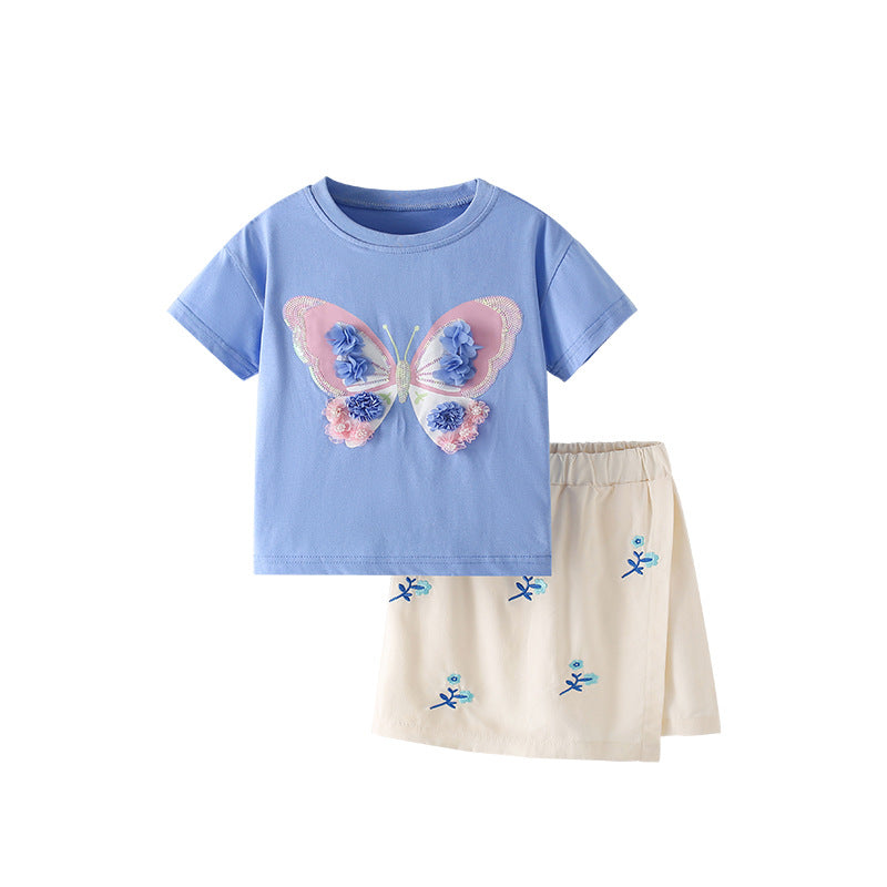 Summer Baby Kids Flowers and Butterfly Pattern T-shirt and Skirt Clothing Set for Girls-0