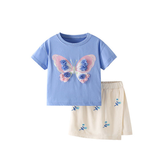 Summer Baby Kids Flowers and Butterfly Pattern T-shirt and Skirt Clothing Set for Girls-0