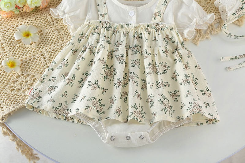 Baby Girl Floral Pattern Round Nek Short Sleeve Onesies Dress-4