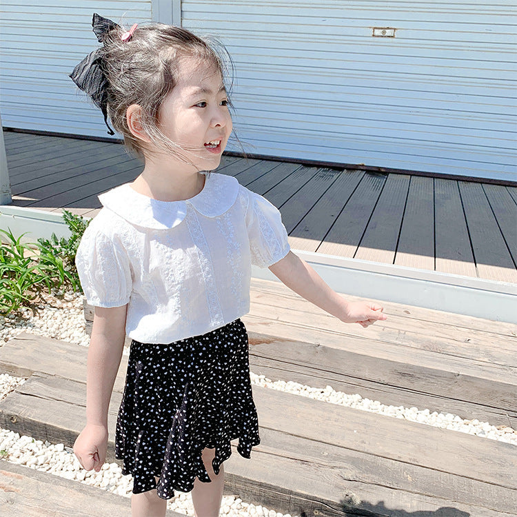 Summer New Arrival Girls Peter Pan Collar Short Sleeves Solid Color Floral Pattern Embroidery Top Shirt-4