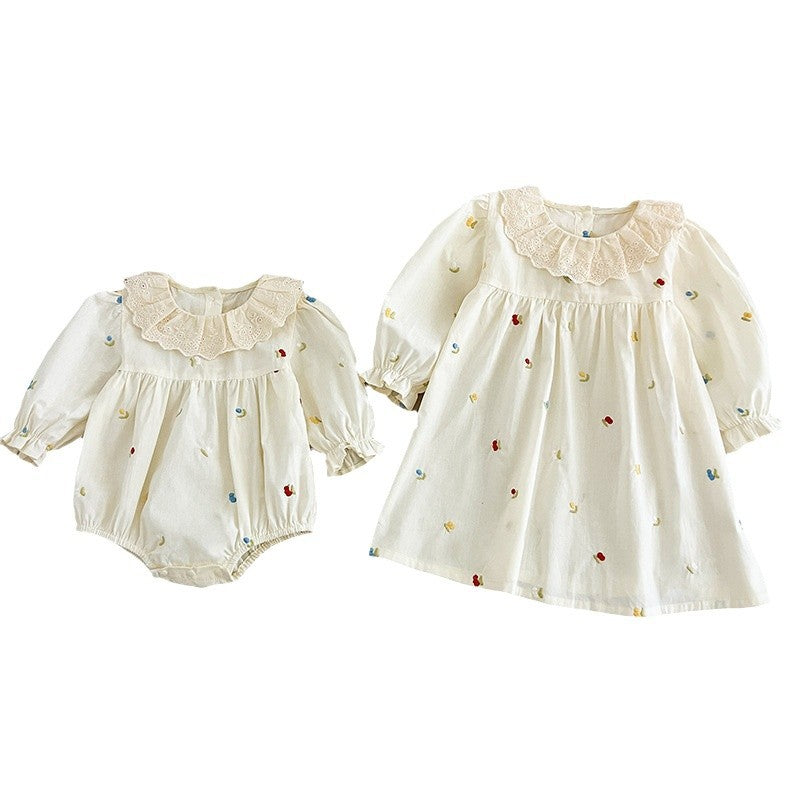 Spring Baby Girls Floral and Fruits Embroidery Pattern Long-sleeved Onesies and Dress – Princess Sister Matching Set-4