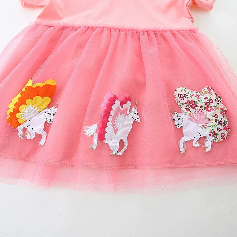 Summer Arrival Cotton Animals Pattern Tulle Patchwork Short Sleeves Dress for Stylish Girls-4