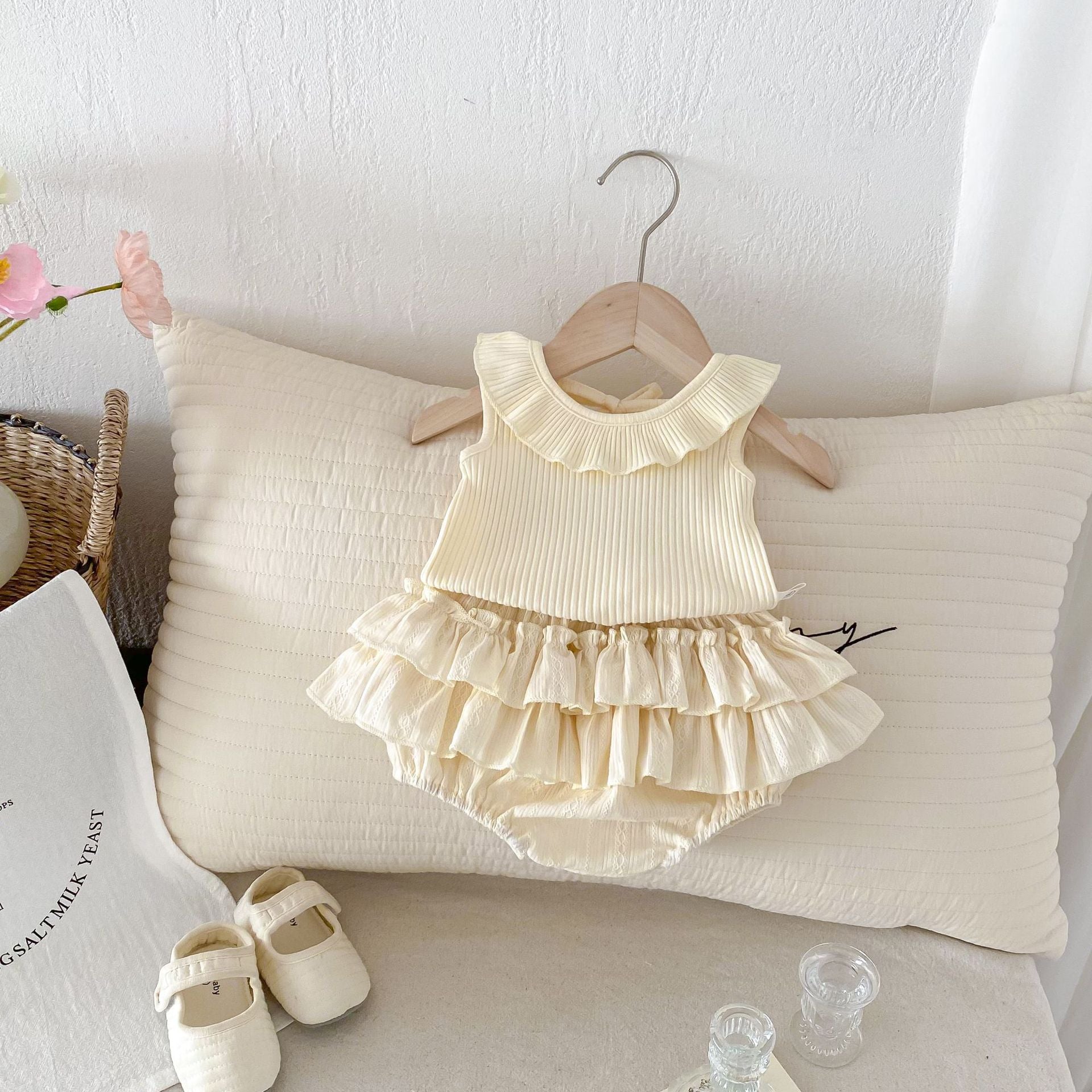 Summer Baby Kids Girls Solid Color Sleeveless Ruffle Collar Vest And Skirt Clothing Set-4